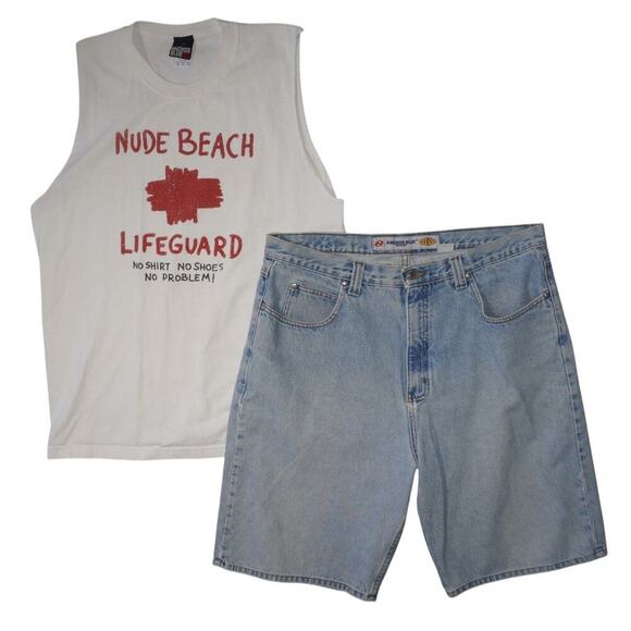 Vintage Anchor Blue Nude Beach Lifeguard Muscle Tee Tank Top XL Funny Graphic - Picture 5 of 6